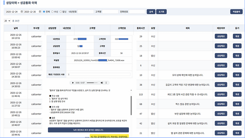 상담이력 성공통화 목록 화면. 날짜·부서명·상담원명·내선번호·고객명으로 검색하고 오른쪽 재생 버튼으로 녹음을 듣는 모습