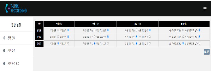 상담원·관리자별로 삭제, 재생, 다운로드 권한을 설정하는 화면